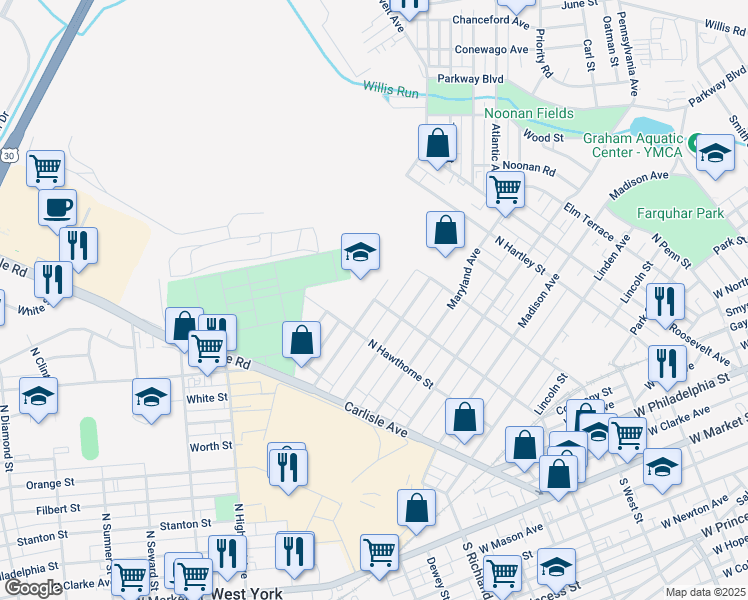 map of restaurants, bars, coffee shops, grocery stores, and more near 701 Texas Avenue in York