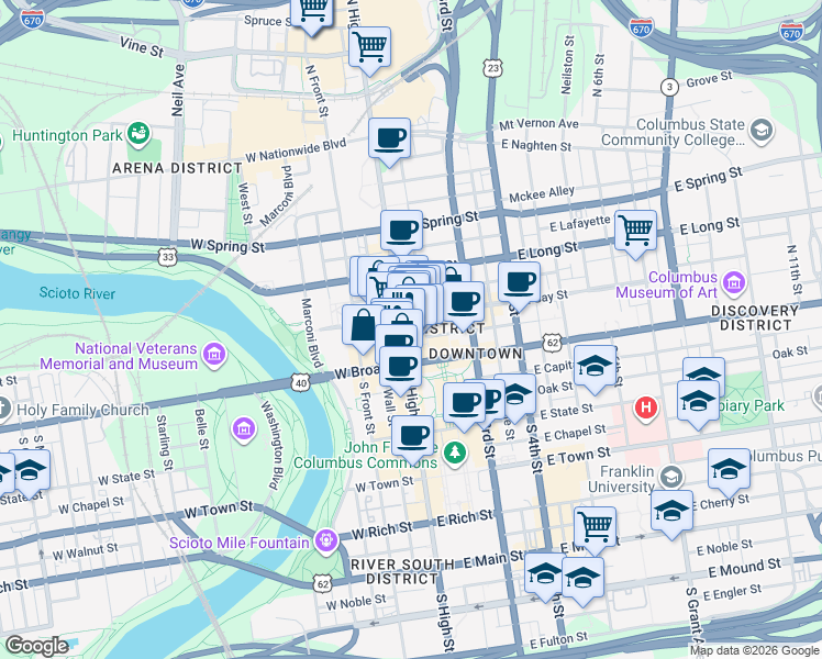 map of restaurants, bars, coffee shops, grocery stores, and more near 44 North High Street in Columbus