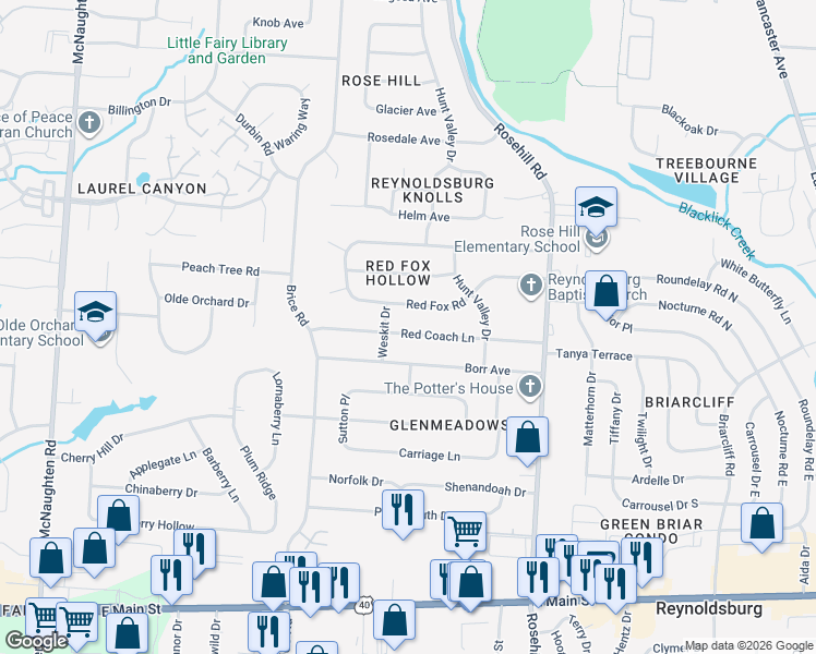 map of restaurants, bars, coffee shops, grocery stores, and more near 6539 Red Coach Lane in Reynoldsburg