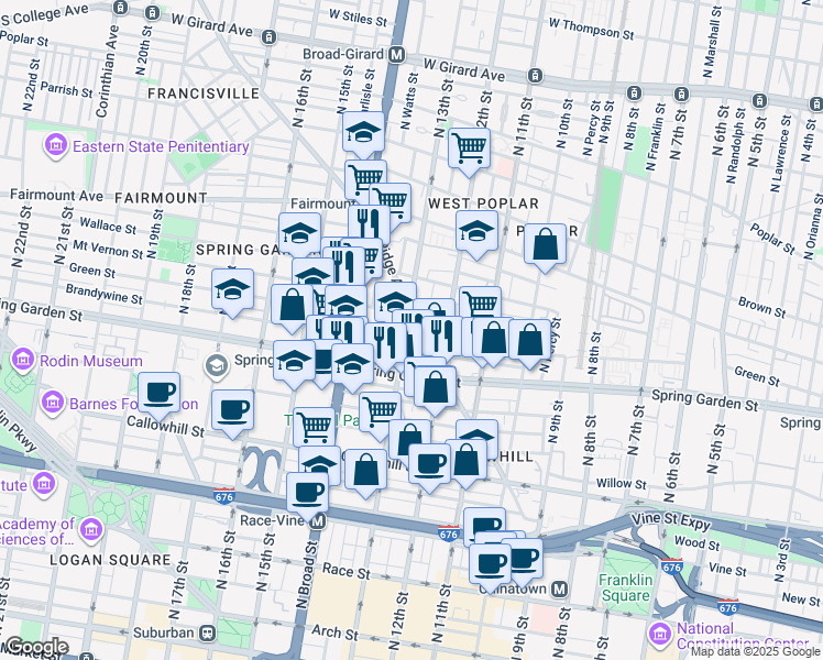 map of restaurants, bars, coffee shops, grocery stores, and more near 1250 Ridge Avenue in Philadelphia