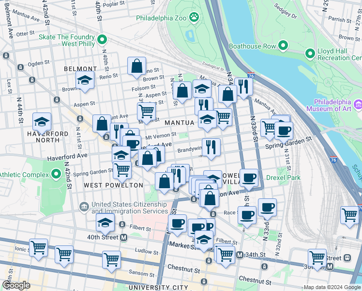 map of restaurants, bars, coffee shops, grocery stores, and more near 3720 Haverford Avenue in Philadelphia