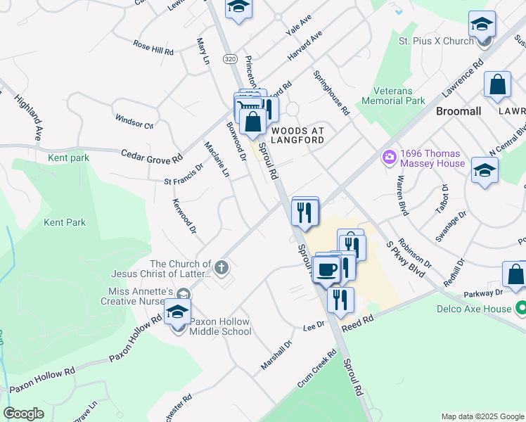 map of restaurants, bars, coffee shops, grocery stores, and more near 2010 Boxwood Drive in Broomall