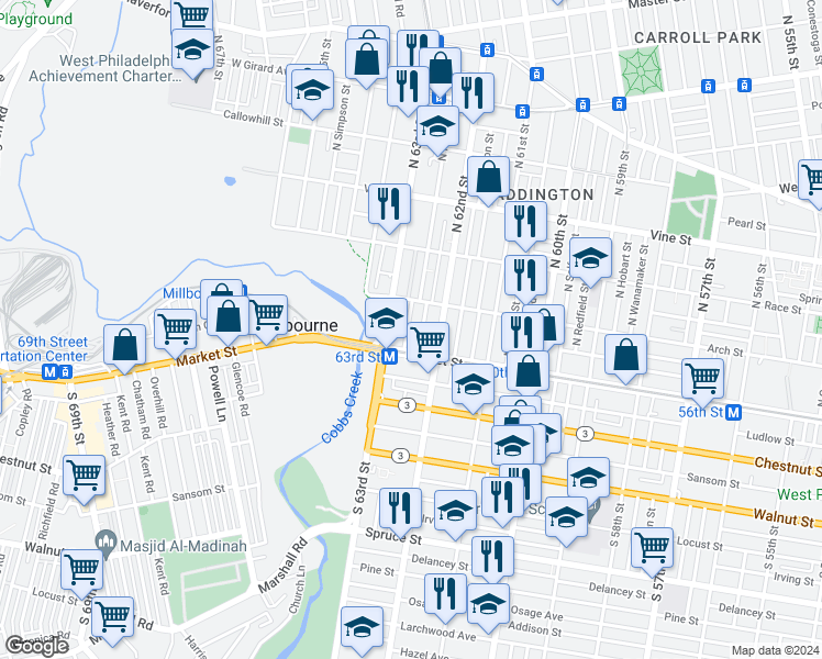 map of restaurants, bars, coffee shops, grocery stores, and more near 29 North Felton Street in Philadelphia