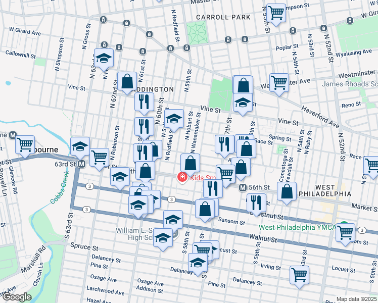 map of restaurants, bars, coffee shops, grocery stores, and more near 5827 Arch Street in Philadelphia