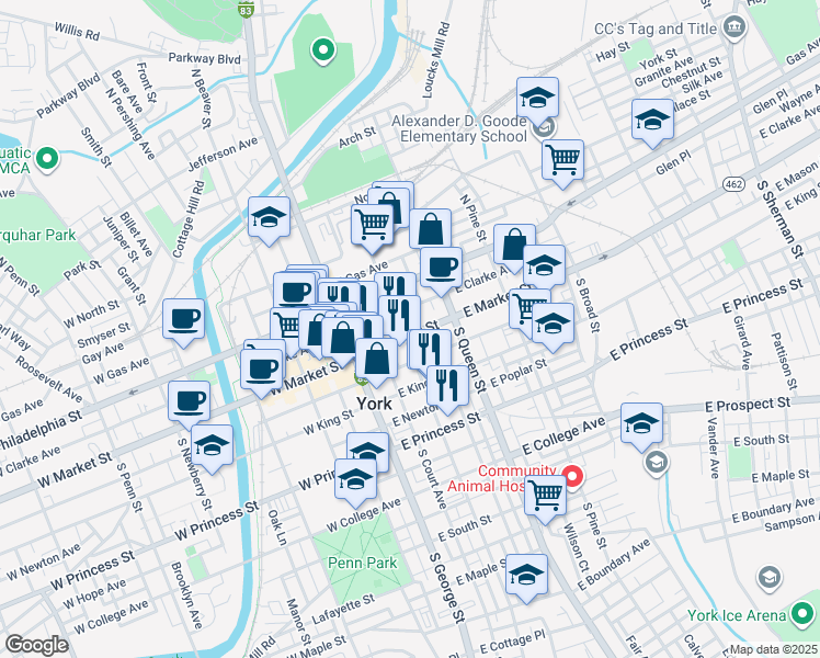 map of restaurants, bars, coffee shops, grocery stores, and more near 120 East Market Street in York