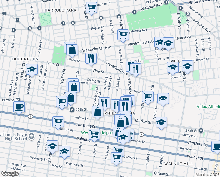 map of restaurants, bars, coffee shops, grocery stores, and more near 5330 Race Street in Philadelphia