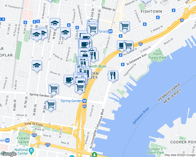map of restaurants, bars, coffee shops, grocery stores, and more near 5 Poplar Street in Philadelphia