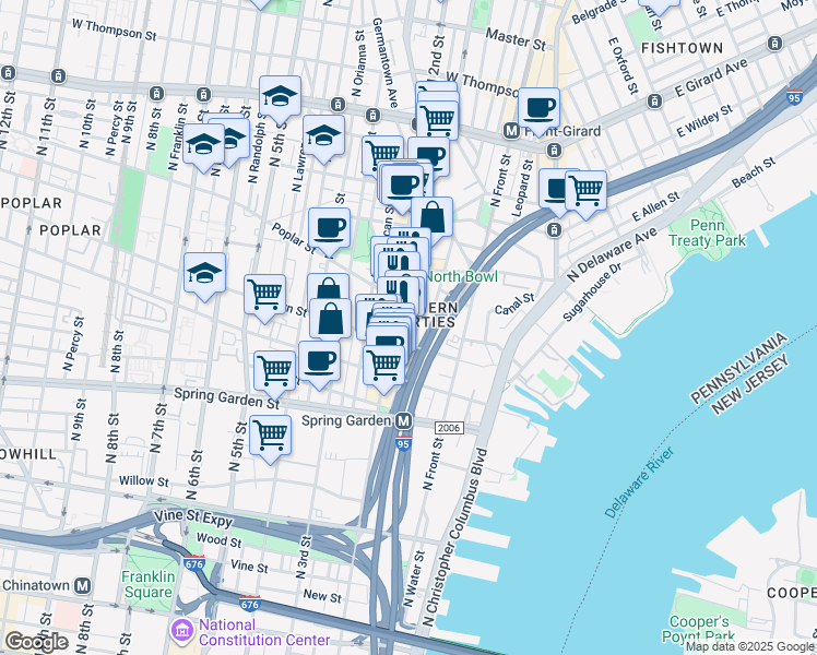 map of restaurants, bars, coffee shops, grocery stores, and more near in Philadelphia