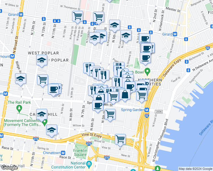 map of restaurants, bars, coffee shops, grocery stores, and more near 638 North 5th Street in Philadelphia
