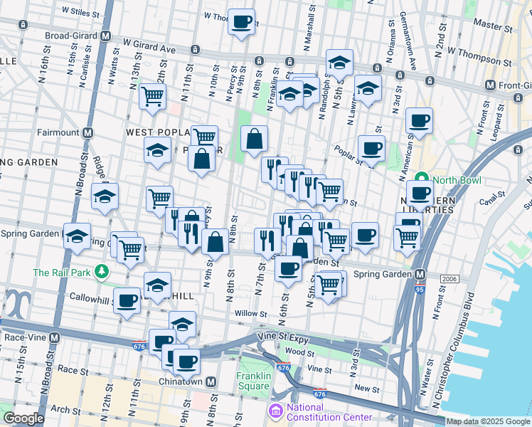 map of restaurants, bars, coffee shops, grocery stores, and more near 700 Wallace Street in Philadelphia