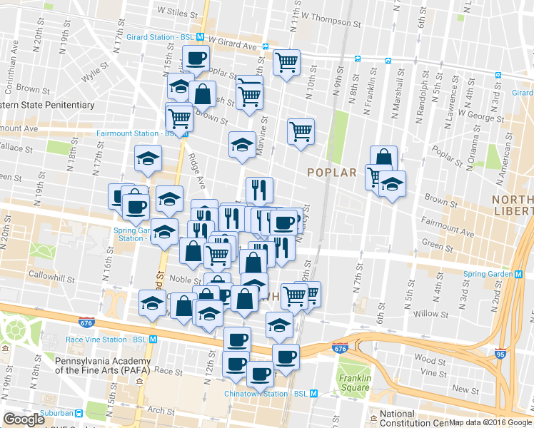 map of restaurants, bars, coffee shops, grocery stores, and more near 602 North 11th Street in Philadelphia