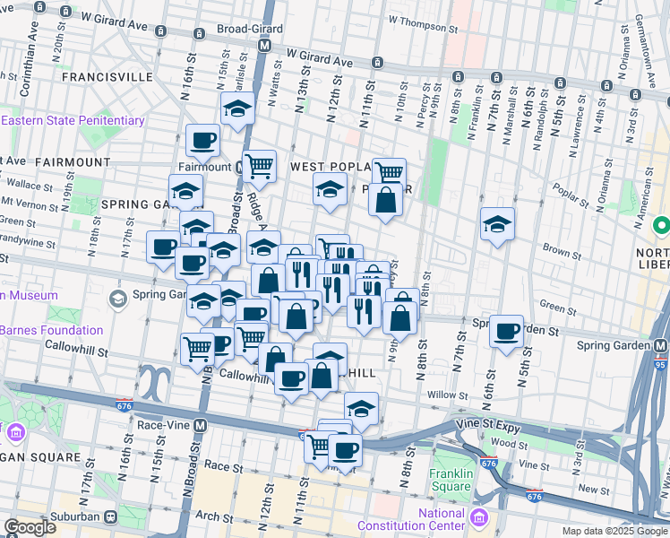 map of restaurants, bars, coffee shops, grocery stores, and more near 602 North 11th Street in Philadelphia