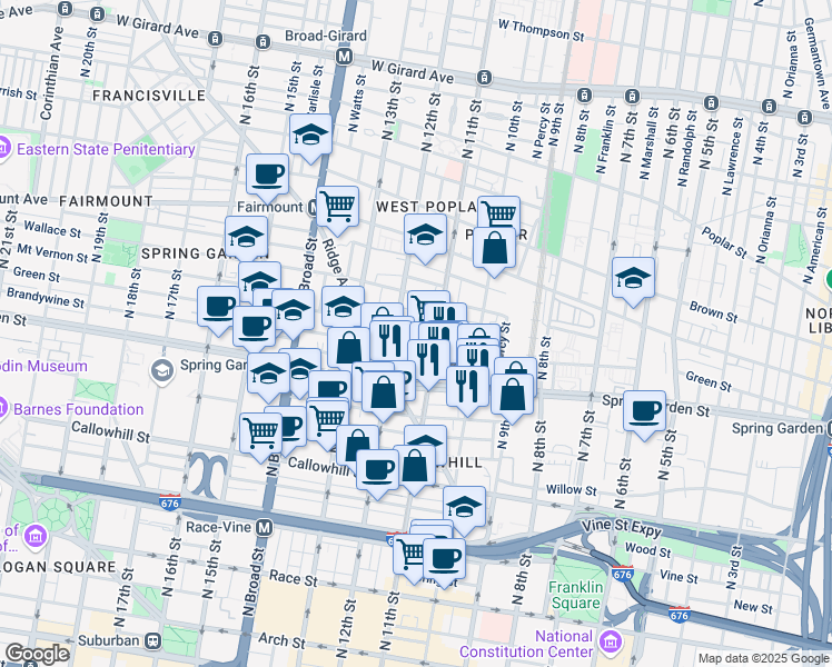 map of restaurants, bars, coffee shops, grocery stores, and more near 602 North 11th Street in Philadelphia