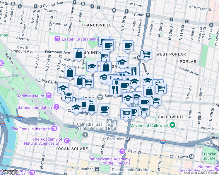map of restaurants, bars, coffee shops, grocery stores, and more near 1601 Spring Garden Street in Philadelphia