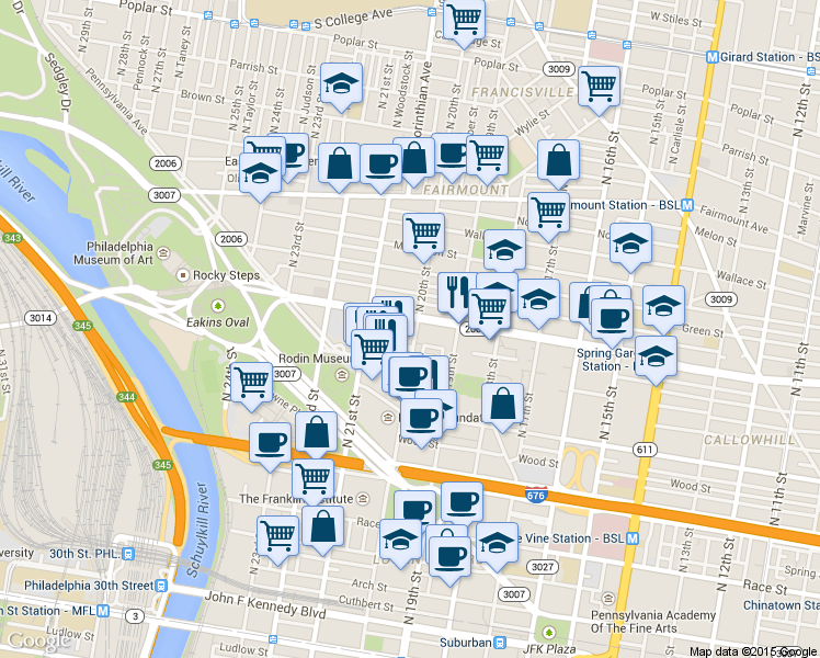 map of restaurants, bars, coffee shops, grocery stores, and more near in Philadelphia