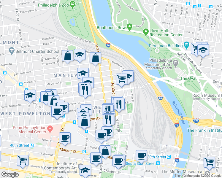 map of restaurants, bars, coffee shops, grocery stores, and more near 440 North 33rd Street in Philadelphia