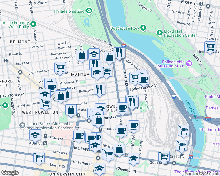 map of restaurants, bars, coffee shops, grocery stores, and more near 3409 Spring Garden Street in Philadelphia