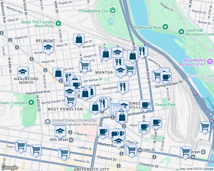 map of restaurants, bars, coffee shops, grocery stores, and more near in Philadelphia