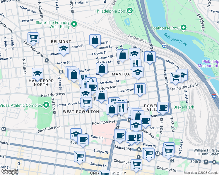 map of restaurants, bars, coffee shops, grocery stores, and more near 3819 Brandywine Street in Philadelphia