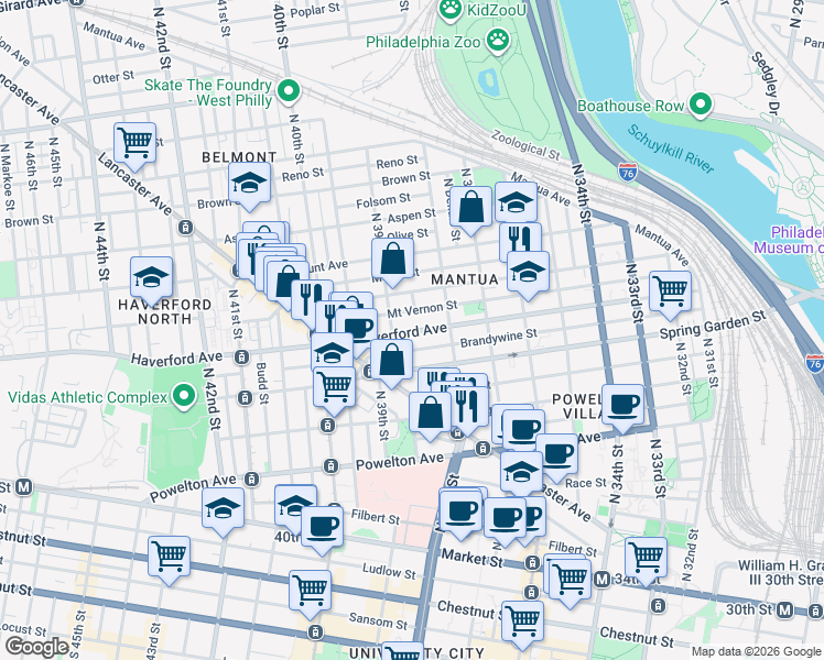 map of restaurants, bars, coffee shops, grocery stores, and more near 3860 Haverford Avenue in Philadelphia
