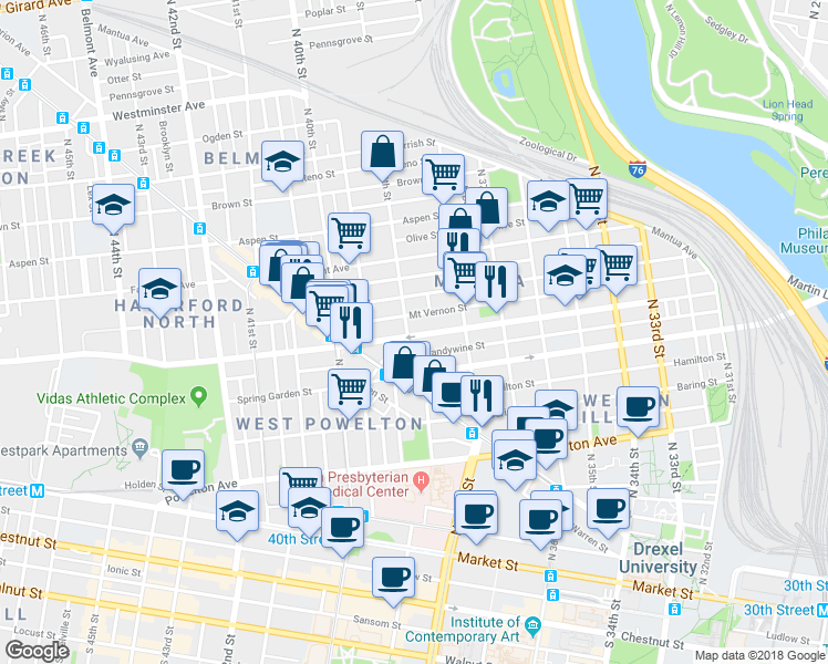 map of restaurants, bars, coffee shops, grocery stores, and more near 3860 Haverford Avenue in Philadelphia