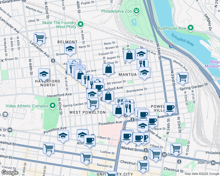 map of restaurants, bars, coffee shops, grocery stores, and more near 3860 Haverford Avenue in Philadelphia