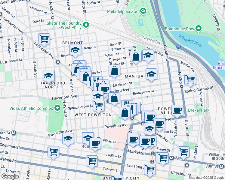 map of restaurants, bars, coffee shops, grocery stores, and more near 3860 Haverford Avenue in Philadelphia