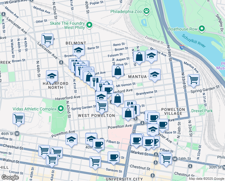 map of restaurants, bars, coffee shops, grocery stores, and more near 3917 Haverford Avenue in Philadelphia
