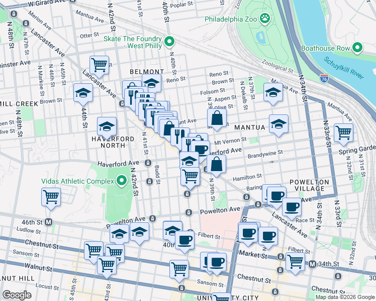 map of restaurants, bars, coffee shops, grocery stores, and more near in Philadelphia