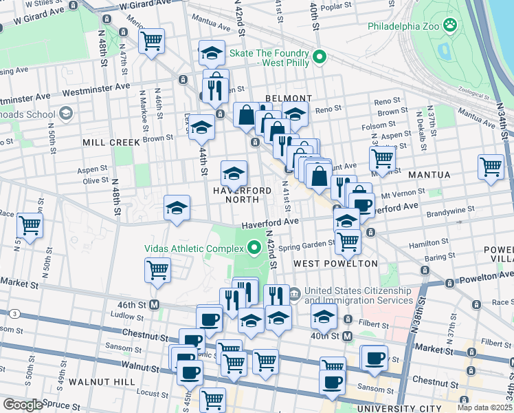 map of restaurants, bars, coffee shops, grocery stores, and more near 608 North 42nd Street in Philadelphia