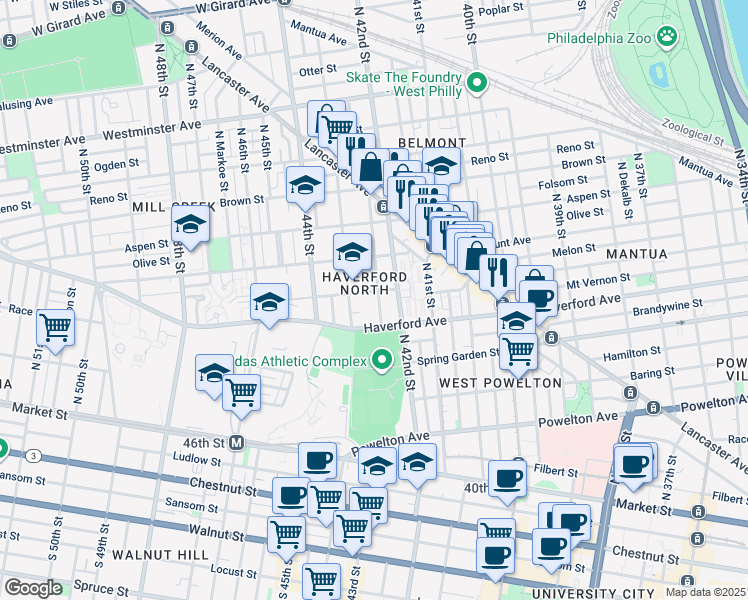 map of restaurants, bars, coffee shops, grocery stores, and more near 609-11 North 43rd Street in Philadelphia