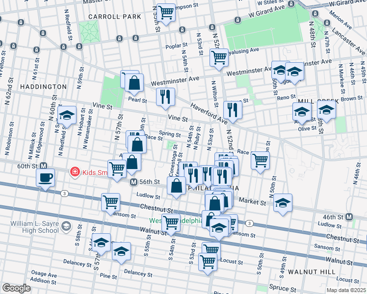 map of restaurants, bars, coffee shops, grocery stores, and more near 155 North Yewdall Street in Philadelphia