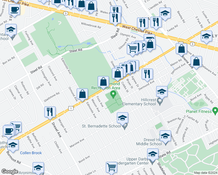 map of restaurants, bars, coffee shops, grocery stores, and more near 3200 Township Line Road in Drexel Hill