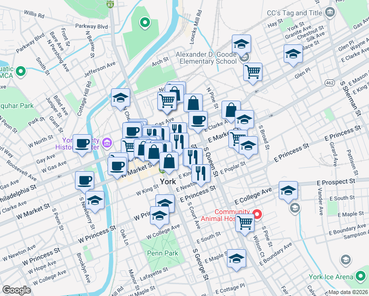 map of restaurants, bars, coffee shops, grocery stores, and more near 116 East Market Street in York