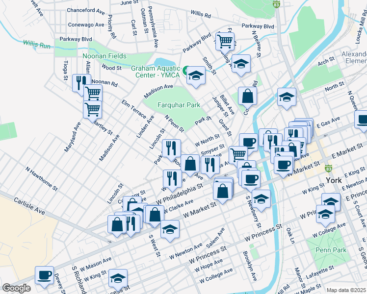 map of restaurants, bars, coffee shops, grocery stores, and more near 215 Park Place in York