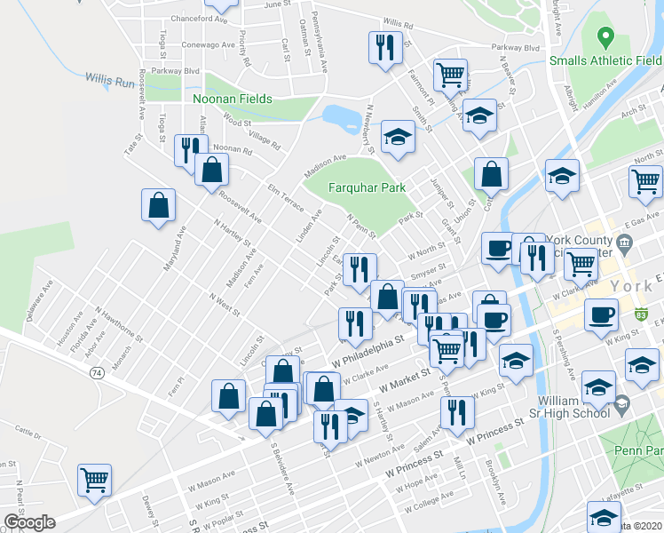 map of restaurants, bars, coffee shops, grocery stores, and more near 261 Roosevelt Avenue in York