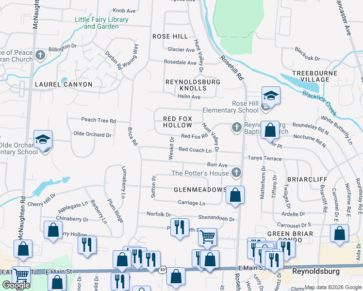 map of restaurants, bars, coffee shops, grocery stores, and more near 6539 Red Coach Lane in Reynoldsburg