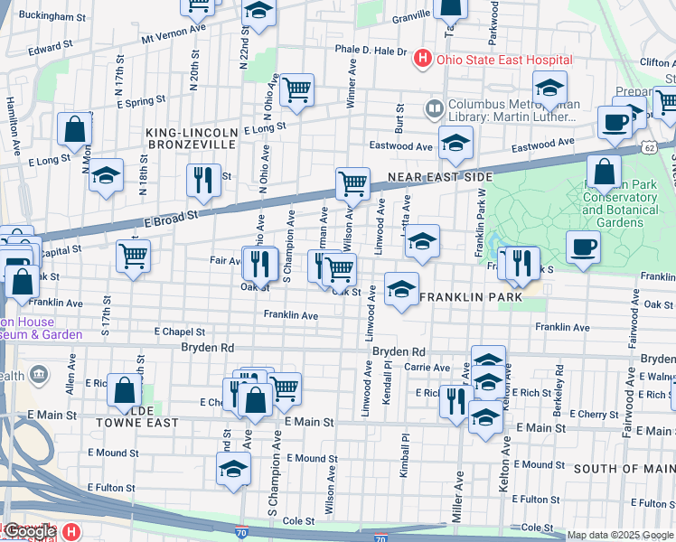 map of restaurants, bars, coffee shops, grocery stores, and more near 143 Wilson Avenue in Columbus