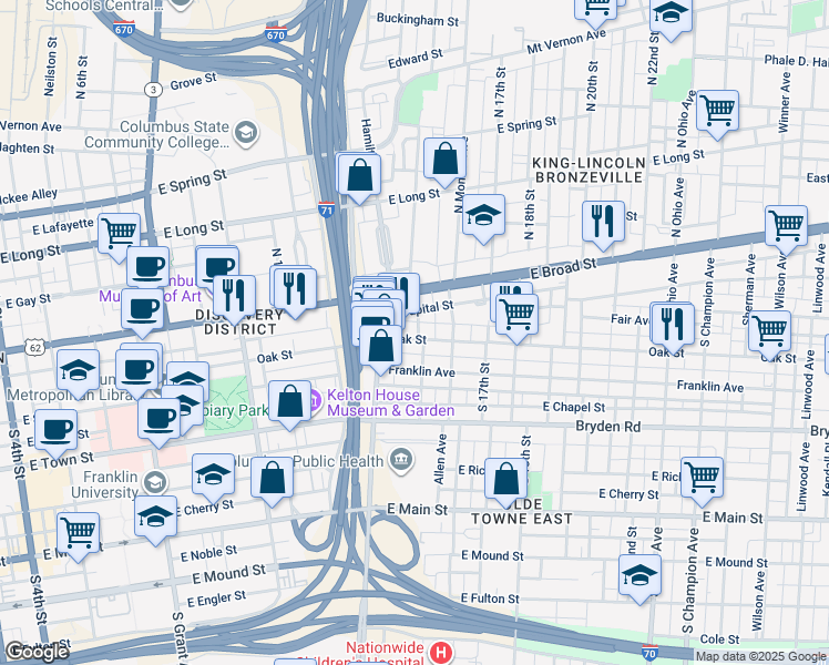 map of restaurants, bars, coffee shops, grocery stores, and more near 763 Oak Street in Columbus
