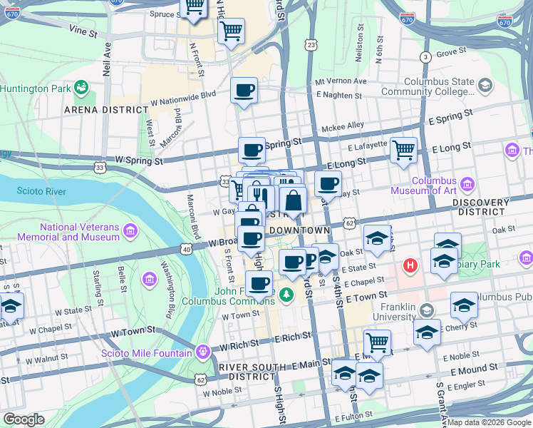 map of restaurants, bars, coffee shops, grocery stores, and more near in Columbus