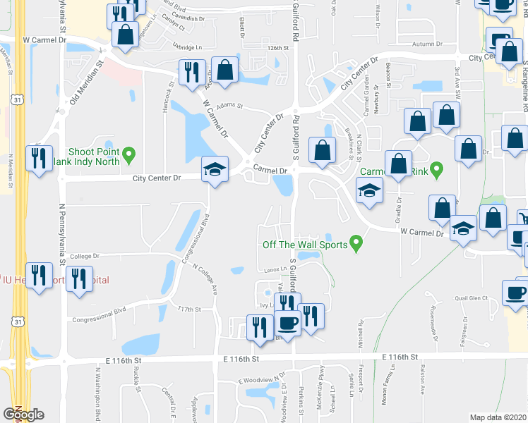 map of restaurants, bars, coffee shops, grocery stores, and more near 11740 Glenbrook Court in Carmel