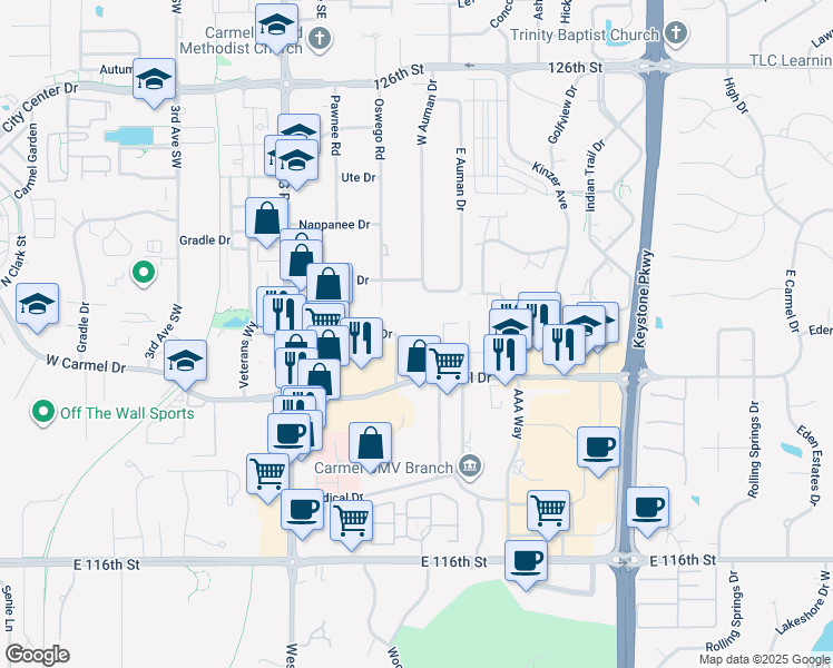 map of restaurants, bars, coffee shops, grocery stores, and more near 301 Executive Drive in Carmel