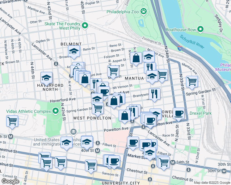 map of restaurants, bars, coffee shops, grocery stores, and more near 601 North 39th Street in Philadelphia