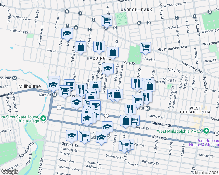 map of restaurants, bars, coffee shops, grocery stores, and more near N 59th St & Arch St in Philadelphia