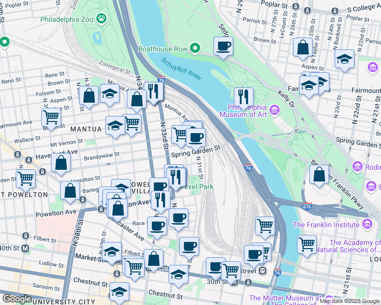 map of restaurants, bars, coffee shops, grocery stores, and more near 3150 Spring Garden Street in Philadelphia