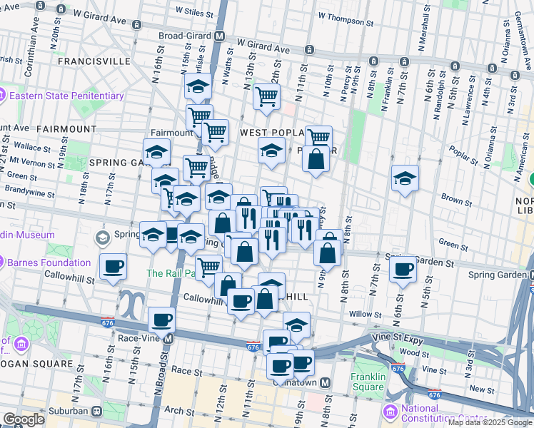 map of restaurants, bars, coffee shops, grocery stores, and more near 1116 Mount Vernon Street in Philadelphia