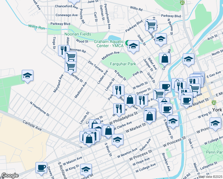 map of restaurants, bars, coffee shops, grocery stores, and more near 323 Roosevelt Avenue in York