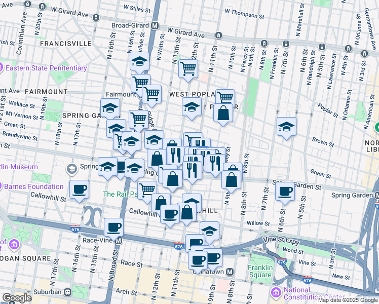map of restaurants, bars, coffee shops, grocery stores, and more near 1112 Mount Vernon Street in Philadelphia