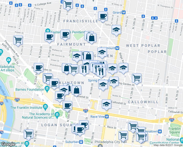 map of restaurants, bars, coffee shops, grocery stores, and more near 1601 Spring Garden Street in Philadelphia