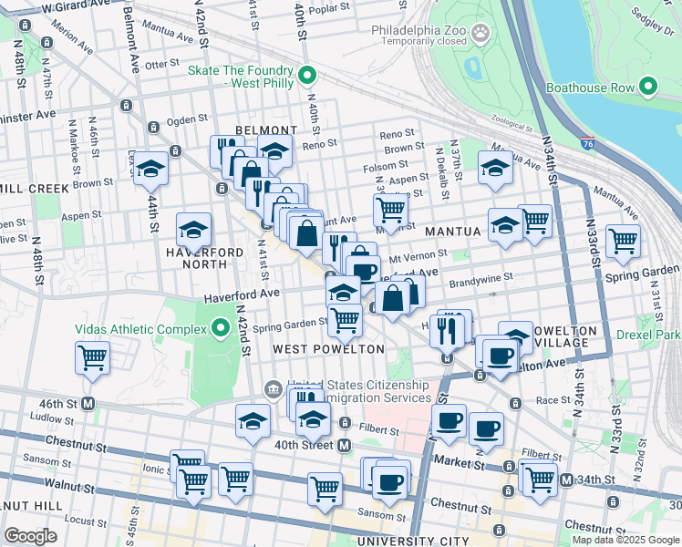 map of restaurants, bars, coffee shops, grocery stores, and more near 3965 Lancaster Avenue in Philadelphia